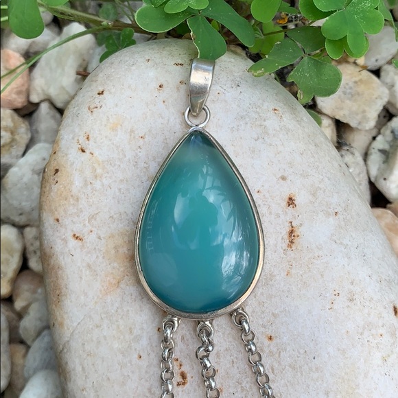 Sterling Tear Drop Glass Dangle Chain Pendant - Picture 3 of 17